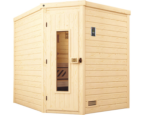 Sauna en bois avec porte en verre et commande électronique