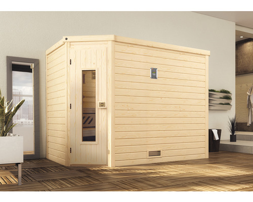 Sauna en bois massif Weka Turku Eck taille 3 avec poêle 7,5 kW et commande numérique et porte en bois avec verre isolant thermiquement