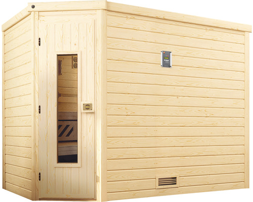 Sauna en bois avec élément de commande et porte en verre