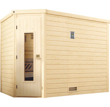 Massivholzsauna Weka Turku Eck Gr.3 inkl. 7,5 kW Bio Ofen mit digitaler Steuerung und Holztüre mit Isolierglas wärmegedämmt