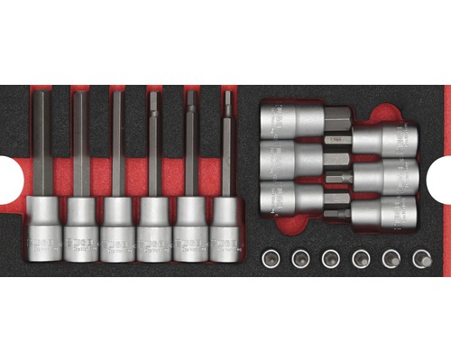 Plateau mousse garniture de clé à douille WGB 268 x 38 x 114 mm noir 18 pces Jeu de douilles avec différents embouts dans une boîte à outils