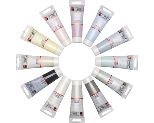 Peintures à la craie Marabu Chalky-Chic 100 ml lot de 12 Tubes de peinture à la craie dans différentes nuances disposées en cercle
