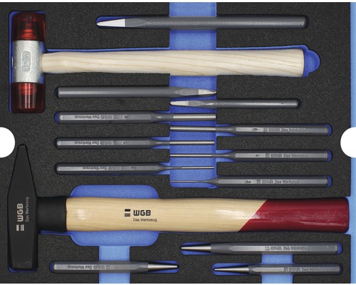 Moduleinlage Hammer, Meißel, Durchtreiber WGB 268 x 38 x 342 mm schwarz 14-tlg Werkzeugsatz mit Hämmern, Körnern und Meißeln in Schaumstoffeinlage