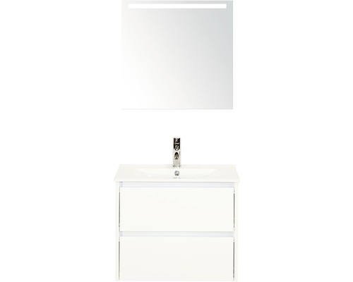 Set de meubles de salle de bains Sanox Dante lxhxp 61 x 170 x 46 cm couleur de façade blanc haute brillance avec vasque en céramique blanc et vasque céramique miroir avec éclairage LED meuble sous vasque