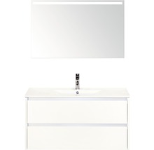 Badmöbel-Set Sanox Dante BxHxT 101 x 170 x 46 cm Frontfarbe weiß hochglanz mit Waschtisch Keramik weiß und Keramik-Waschtisch Spiegel mit LED-Beleuchtung Waschtischunterschrank