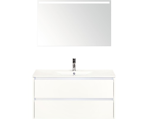 Badmöbel-Set Sanox Dante BxHxT 101 x 170 x 46 cm Frontfarbe weiß hochglanz mit Waschtisch Keramik weiß und Keramik-Waschtisch Spiegel mit LED-Beleuchtung Waschtischunterschrank