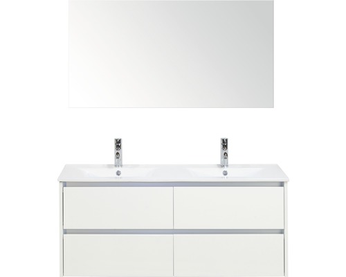 Badmöbel-Set Sanox Dante BxHxT 121 x 170 x 46 cm Frontfarbe weiß hochglanz mit Waschtisch Keramik weiß und Keramik-Doppelwaschtisch Spiegel Waschtischunterschrank