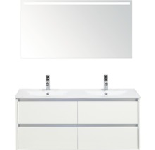 Badmöbel-Set Sanox Dante BxHxT 121 x 170 x 46 cm Frontfarbe weiß hochglanz mit Waschtisch Keramik weiß und Keramik-Doppelwaschtisch Spiegel mit LED-Beleuchtung Waschtischunterschrank