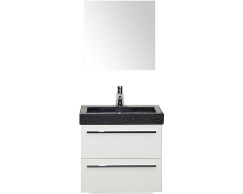 Badmöbel-Set Sanox Seville BxHxT 61 x 170 x 45,5 cm Frontfarbe weiß hochglanz mit Waschtisch Naturstein schwarz und Waschtischunterschrank Waschtisch Spiegel