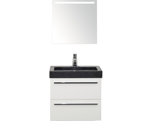 Badmöbel-Set Sanox Seville BxHxT 61 x 170 x 45,5 cm Frontfarbe weiß hochglanz mit Waschtisch Naturstein schwarz und Waschtischunterschrank Waschtisch Spiegel mit LED-Beleuchtung