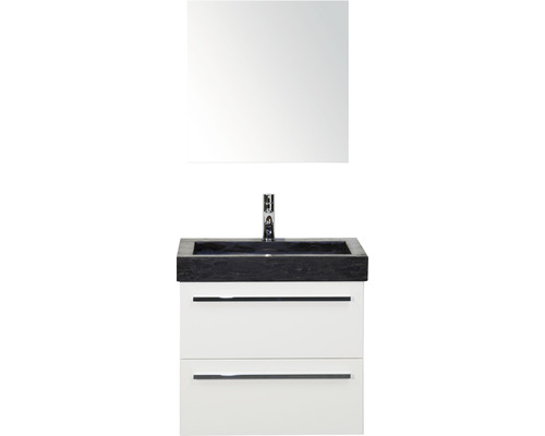 Badmöbel-Set Sanox Seville BxHxT 61 x 170 x 45,5 cm Frontfarbe weiß hochglanz mit Waschtisch Naturstein schwarz