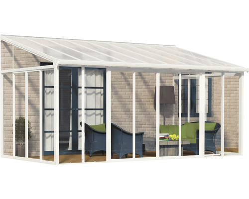 Terrasse couverte avec mobilier de jardin et mur de briques en arrière-plan