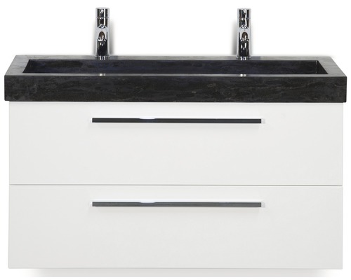Badmöbel-Set Sanox Seville BxHxT 101 x 58 x 45,5 cm Frontfarbe weiß hochglanz mit Waschtisch Naturstein schwarz