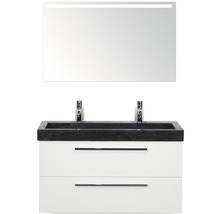 Badmöbel-Set Sanox Seville BxHxT 101 x 170 x 45,5 cm Frontfarbe weiß hochglanz mit Waschtisch Naturstein schwarz und Naturstein-Doppelwaschtisch Waschtischunterschrank Spiegel mit LED-Beleuchtung