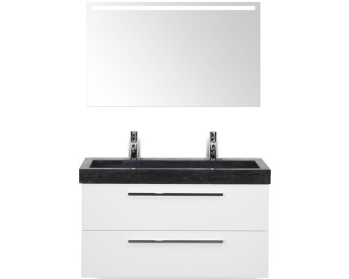 Badmöbel-Set Sanox Seville BxHxT 101 x 170 x 45,5 cm Frontfarbe weiß hochglanz mit Waschtisch Naturstein schwarz und Naturstein-Doppelwaschtisch Waschtischunterschrank Spiegel mit LED-Beleuchtung
