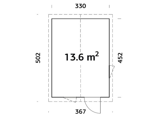 Grundriss mit Maßangaben für Gartenhaus, 13.6 Quadratmeter