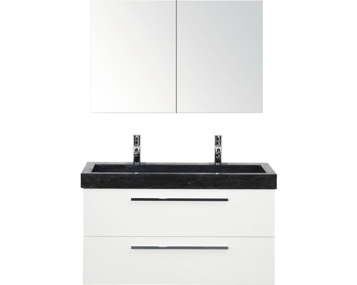 Badmöbel-Set Sanox Seville BxHxT 101 x 170 x 45,5 cm Frontfarbe weiß hochglanz mit Waschtisch Naturstein schwarz