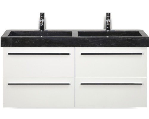 Badmöbel-Set Sanox Seville BxHxT 121 x 58 x 45,5 cm Frontfarbe weiß hochglanz mit Waschtisch Naturstein schwarz