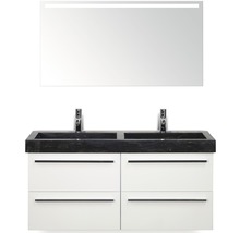 Badmöbel-Set Sanox Seville BxHxT 121 x 170 x 45,5 cm Frontfarbe weiß hochglanz mit Waschtisch Naturstein schwarz und Waschtischunterschrank Doppelwaschtisch Spiegel mit LED-Beleuchtung