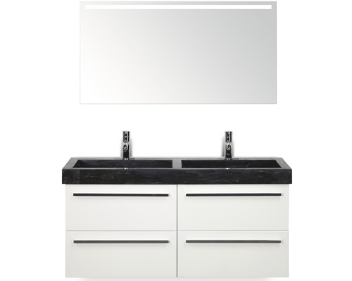 Badmöbel-Set Sanox Seville BxHxT 121 x 170 x 45,5 cm Frontfarbe weiß hochglanz mit Waschtisch Naturstein schwarz und Waschtischunterschrank Doppelwaschtisch Spiegel mit LED-Beleuchtung