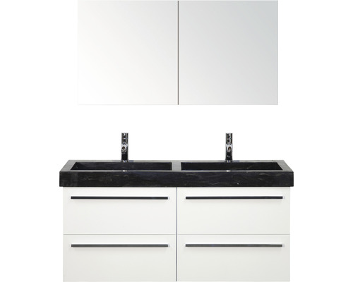 Badmöbel-Set Sanox Seville BxHxT 121 x 170 x 45,5 cm Frontfarbe weiß hochglanz mit Waschtisch Naturstein schwarz