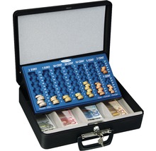 Tableau compte-pièces en euros et billets de banque dans une valise