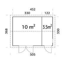 Grundrisszeichnung eines Gartenhauses mit Größenangaben