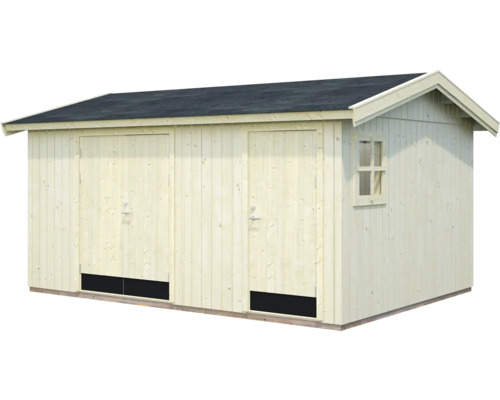 Abri de jardin en bois avec deux portes et une fenêtre