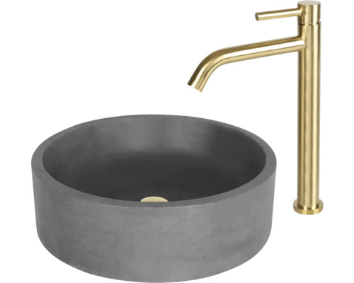 Rundes Aufsatzwaschbecken aus Beton mit hohem Wasserhahn