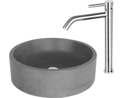 Vasque à poser en béton gris avec robinet