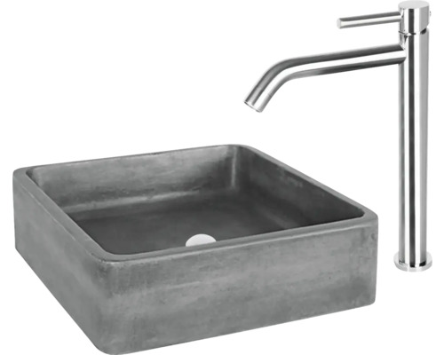 Vasque à poser carrée en béton avec robinet