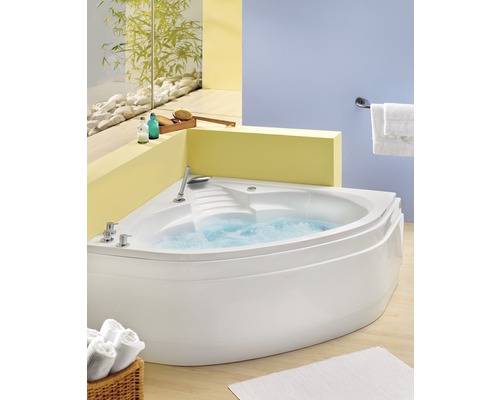 Baignoire balnéo OTTOFOND Victoria 140 x 140 cm blanc brillant lisse 69401 Baignoire d''angle avec fonction bain à bulles dans une salle de bain lumineuse