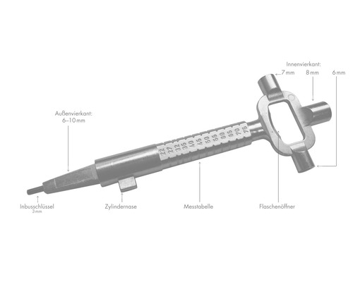 Multifunktionswerkzeug mit Inbusschlüssel, Messlehre, Zylindernase, Außenvierkant, Innenvierkant und Flaschenöffner