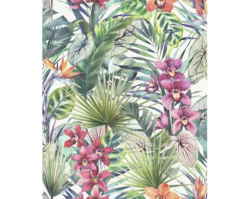 Vliestapete 105746 Tropische Blätter mit Blumen Tapete mit floralem Muster, das tropische Blätter und Orchideen darstellt