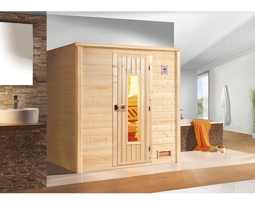 Sauna en bois massif Weka Bergen HT taille 1 avec poêle bio 7,5 kW et commande numérique, avec porte en bois et verre à isolation thermique