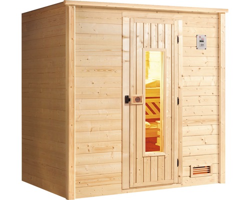 Holzsauna mit Glastür und elektronischer Steuerung