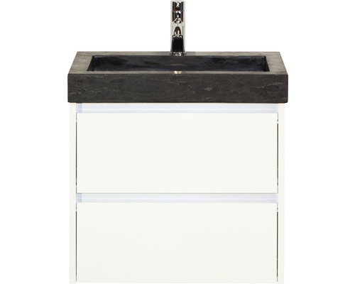 Set de meubles de salles de bains Sanox Dante lxhxp 61 x 58 x 45,5 cm couleur de façade blanc haute brillance avec vasque en pierre naturelle noir