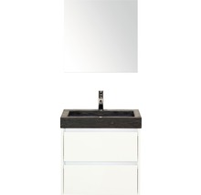 Badmöbel-Set Sanox Dante BxHxT 61 x 170 x 45,5 cm Frontfarbe weiß hochglanz mit Waschtisch Naturstein schwarz und Naturstein-Waschtisch Spiegel Waschtischunterschrank