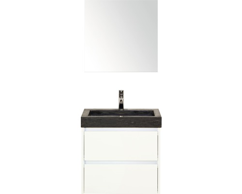 Badmöbel-Set Sanox Dante BxHxT 61 x 170 x 45,5 cm Frontfarbe weiß hochglanz mit Waschtisch Naturstein schwarz und Naturstein-Waschtisch Spiegel Waschtischunterschrank