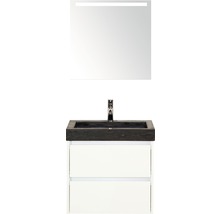 Badmöbel-Set Sanox Dante BxHxT 61 x 170 x 45,5 cm Frontfarbe weiß hochglanz mit Waschtisch Naturstein schwarz und Naturstein-Waschtisch Spiegel mit LED-Beleuchtung Waschtischunterschrank