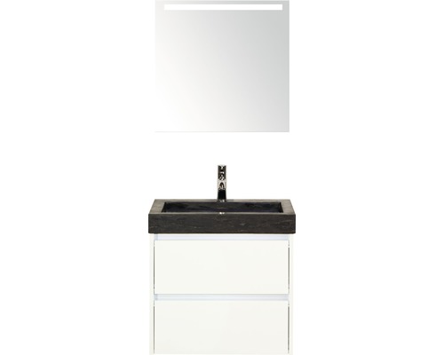 Set de meubles de salle de bains Sanox Dante lxhxp 61 x 170 x 45,5 cm couleur de façade blanc haute brillance avec vasque en pierre naturelle noir et vasque en pierre naturelle miroir avec éclairage LED meuble sous vasque