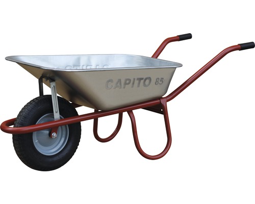 Brouette CAPITO standard ALLCAR 85 litres cuve profonde étroite, roues en caoutchouc avec bague d'arrêt et jante en acier, avec poignées en plastique