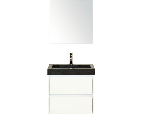 Set de meubles de salles de bains Sanox Dante lxhxp 61 x 170 x 45,5 cm couleur de façade blanc haute brillance avec vasque en pierre naturelle noir