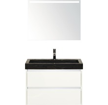 Badmöbel-Set Sanox Dante BxHxT 81 x 170 x 45,5 cm Frontfarbe weiß hochglanz mit Waschtisch Naturstein schwarz und Naturstein-Waschtisch Spiegel mit LED-Beleuchtung Waschtischunterschrank