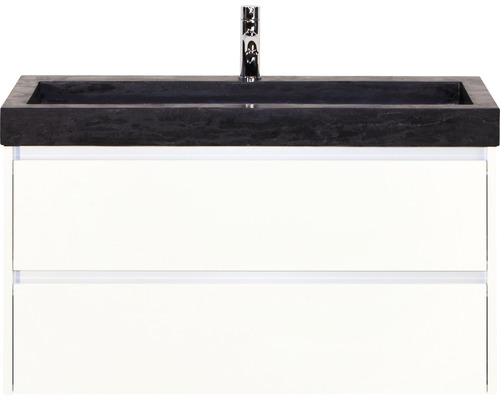 Einzelbadmöbel Sanox Dante BxHxT 101 x 58 x 45,5 cm Frontfarbe weiß hochglanz mit Waschtisch Naturstein schwarz 81706501