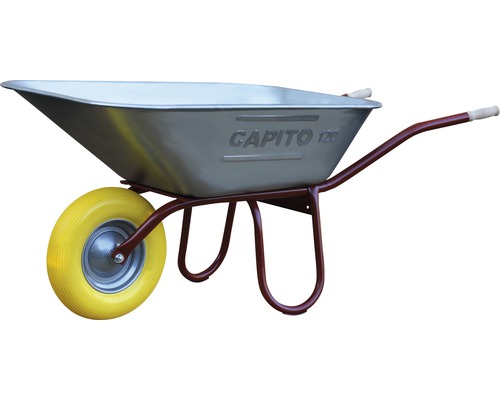 Brouette CAPITO Profi PRAKTICA 120 litre grand bac, roue PU en mousse pleine avec profil rainuré et jante en acier y compris poignées ergonomiques en bois de hêtre