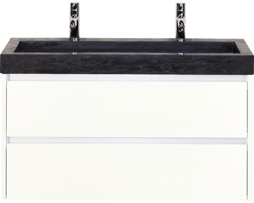 Set de meubles de salles de bains Sanox Dante lxhxp 101 x 58 x 45,5 cm couleur de façade blanc haute brillance avec vasque en pierre naturelle noir