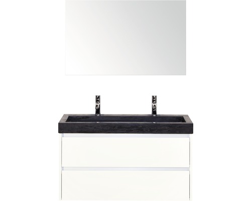 Set de meubles de salle de bains Sanox Dante lxhxp 101 x 170 x 45,5 cm couleur de façade blanc haute brillance avec vasque en pierre naturelle noir et double vasque en pierre naturelle miroir meuble sous vasque