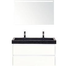 Badmöbel-Set Sanox Dante BxHxT 101 x 170 x 45,5 cm Frontfarbe weiß hochglanz mit Waschtisch Naturstein schwarz und Naturstein-Doppelwaschtisch Spiegel mit LED-Beleuchtung Waschtischunterschrank