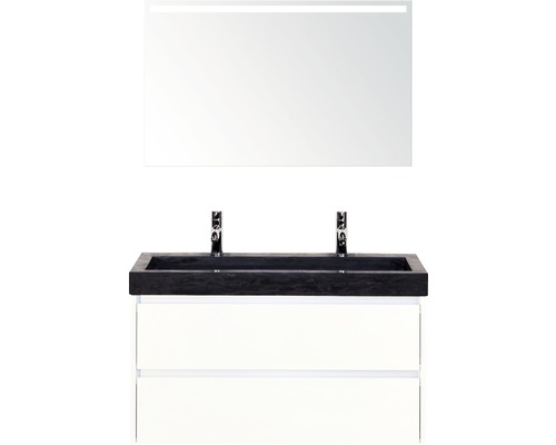 Set de meubles de salle de bains Sanox Dante lxhxp 101 x 170 x 45,5 cm couleur de façade blanc haute brillance avec vasque en pierre naturelle noir et double vasque en pierre naturelle miroir avec éclairage LED meuble sous vasque
